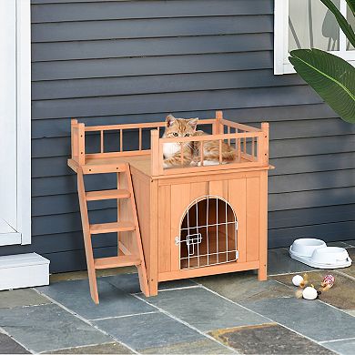 PawHut 2 Level Elevated Waterproof Outdoor Wooden Treehouse Cat Shelter With Balcony Natural Wood