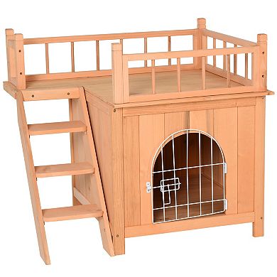 PawHut 2 Level Elevated Waterproof Outdoor Wooden Treehouse Cat Shelter With Balcony Natural Wood