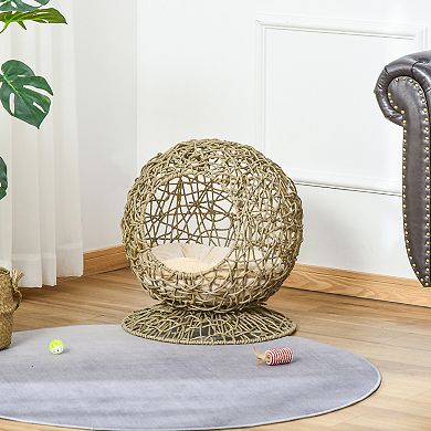 PawHut Rattan Elevated Cat Bed Kitty Ball with Comfortable Soft Cushion Wicker Construction and Round Base Brown