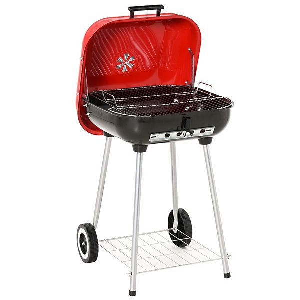 Outsunny Portable Charcoal Grill with Wheels Bottom Shelf Adjustable Vents