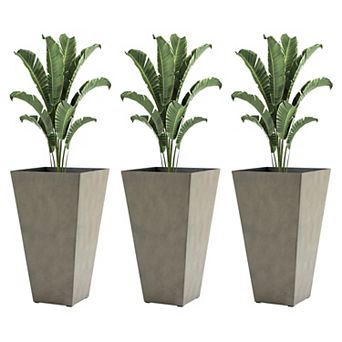 28" Tall Garden Plastic Flower Pot, Set Of 3, Large Outdoor & Indoor, Grey
