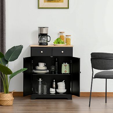 Kitchen Storage Cupboard Organizer Cabinet W/2 Drawers & Adjustable Shelf, Black