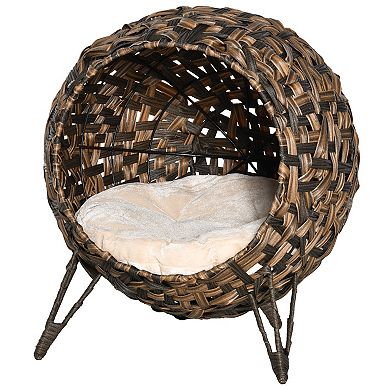 PawHut 20" Natural Rattan Cat House Elevated for Comfort and Circulation Cushion Included as Animal Bed Brown