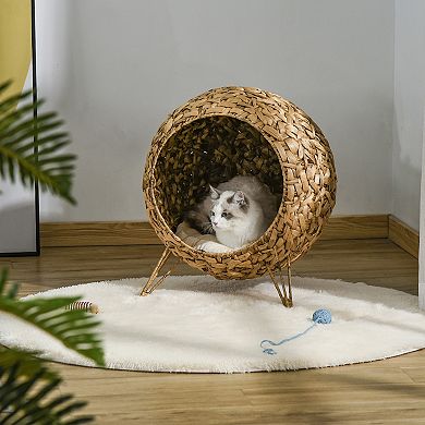 PawHut 20" Natural Rattan Cat House Elevated for Comfort and Circulation Cushion Included as Animal Bed Brown