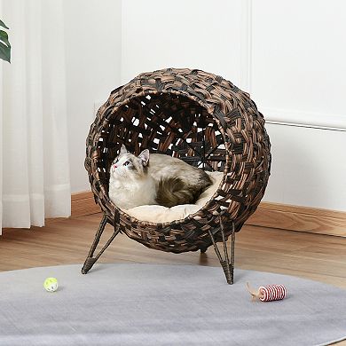 PawHut 20" Natural Rattan Cat House Elevated for Comfort and Circulation Cushion Included as Animal Bed Brown