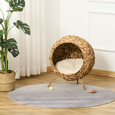 PawHut 20" Natural Rattan Cat House Elevated for Comfort and Circulation Cushion Included as Animal Bed Brown