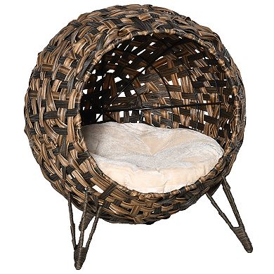 PawHut 20" Natural Rattan Cat House Elevated for Comfort and Circulation Cushion Included as Animal Bed Brown