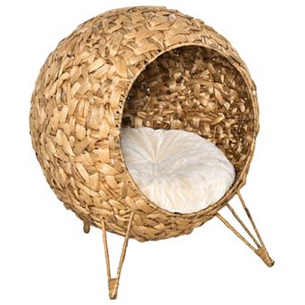 PawHut 20" Natural Rattan Cat House Elevated for Comfort and Circulation Cushion Included as Animal Bed Brown