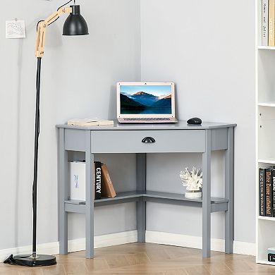 HOMCOM Corner Desk Triangle Computer Desk with Drawer and Storage Shelves for Small Space Home Office Workstation for Living Room Bedroom White