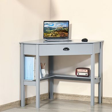 HOMCOM Corner Desk Triangle Computer Desk with Drawer and Storage Shelves for Small Space Home Office Workstation for Living Room Bedroom White