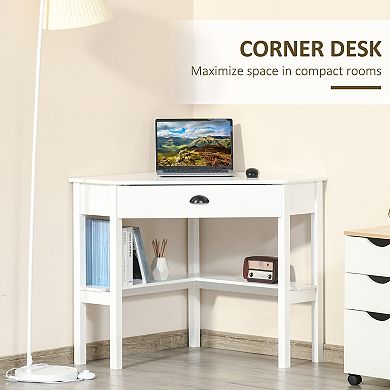 HOMCOM Corner Desk Triangle Computer Desk with Drawer & Storage Shelves,