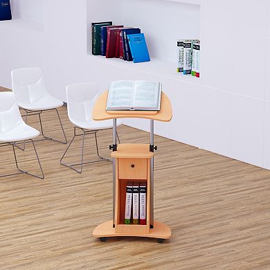 HOMCOM Sit to Stand Mobile Laptop Cart with drawer Height Adjustable Rolling Podium Desk Stand with Swivel Top and Storage Beech Wood