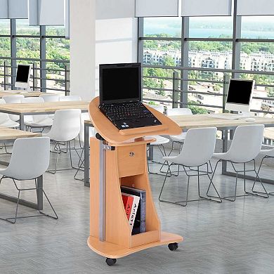 HOMCOM Sit to Stand Mobile Laptop Cart with drawer Height Adjustable Rolling Podium Desk Stand with Swivel Top and Storage Beech Wood