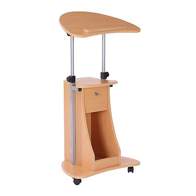 HOMCOM Sit to Stand Mobile Laptop Cart with drawer Height Adjustable Rolling Podium Desk Stand with Swivel Top and Storage Beech Wood