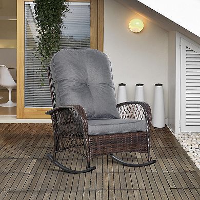 Outdoor Pe Rattan Rocking Chair, Wicker Porch Rocker W/ Soft Cushion, Grey