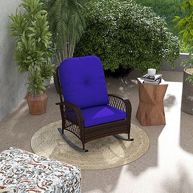 Outdoor Pe Rattan Rocking Chair, Wicker Porch Rocker W/ Soft Cushion, Grey