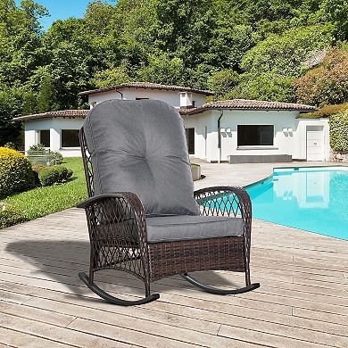 Outdoor Pe Rattan Rocking Chair, Wicker Porch Rocker W/ Soft Cushion, Grey