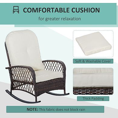 Outsunny Outdoor Wicker Rocking Chair Wide Cushion, Steel Frame, Cream