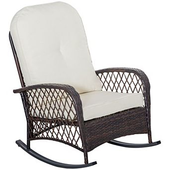 Outdoor Pe Rattan Rocking Chair, Wicker Porch Rocker W/ Soft Cushion, Grey
