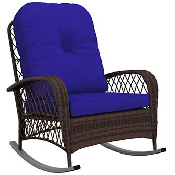 Outdoor Pe Rattan Rocking Chair, Wicker Porch Rocker W/ Soft Cushion, Grey