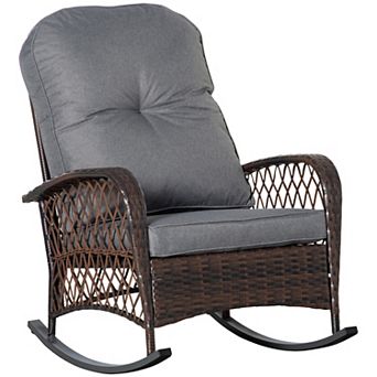 Outdoor Pe Rattan Rocking Chair, Wicker Porch Rocker W/ Soft Cushion, Grey