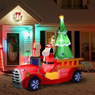 7.5ft Christmas Holiday Yard Inflatable Blow Up Santa Fire Truck W/ Tree & Led