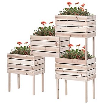 Raised Garden Beds, Set Of 4 Wood Box Planters, Draining, Flowers, Herbs