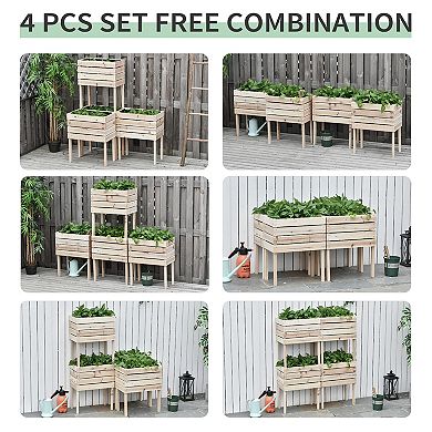 Raised Garden Beds, Set Of 4 Wood Box Planters, Draining, Flowers, Herbs