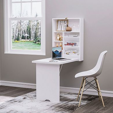 HOMCOM Compact Fold Out Wall Mounted Convertible Desk With Storage White
