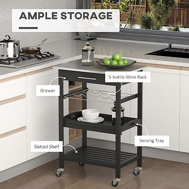 HOMCOM 3-Tier Kitchen Utility Cart w/ Drawer and Stainless Steel Wine Rack
