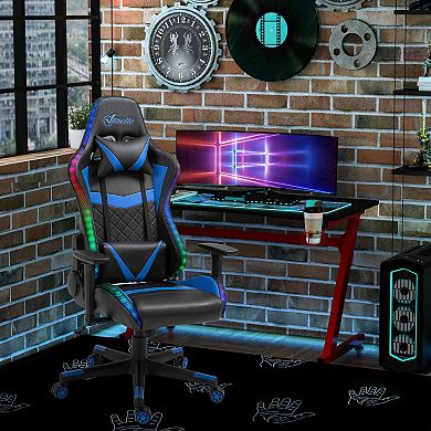 Racing Video Playing Chair With Lights, Support Pillow And Lumbar Cushion Blue