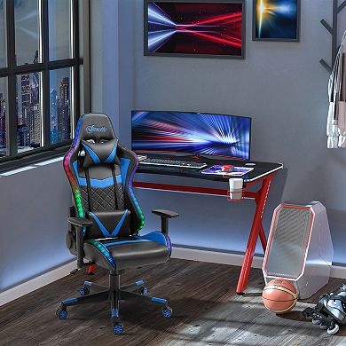 Racing Video Playing Chair With Lights, Support Pillow And Lumbar Cushion Blue
