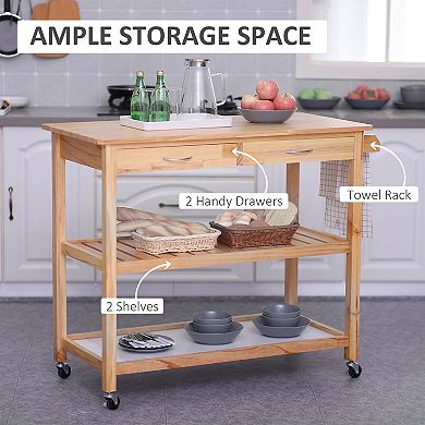 Rolling Kitchen Cart Island Wood Top Storage Trolley Cabinet Pine Wood