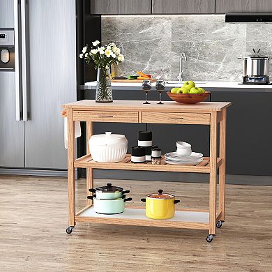 Rolling Kitchen Cart Island Wood Top Storage Trolley Cabinet Pine Wood