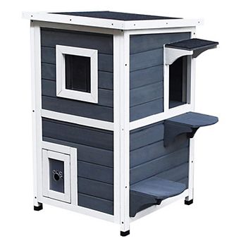 Outdoor Solid Wood 2-floor Cat Condo Pet House Kitten Shelter With Window - Gray