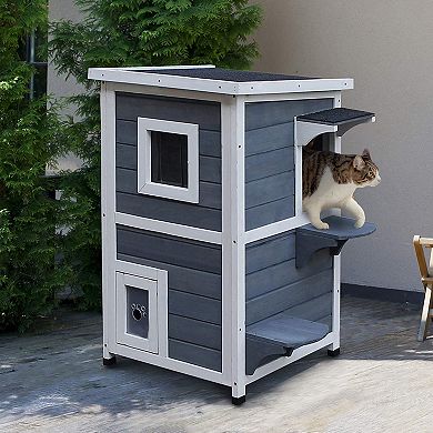 Outdoor Solid Wood 2-floor Cat Condo Pet House Kitten Shelter With Window - Gray