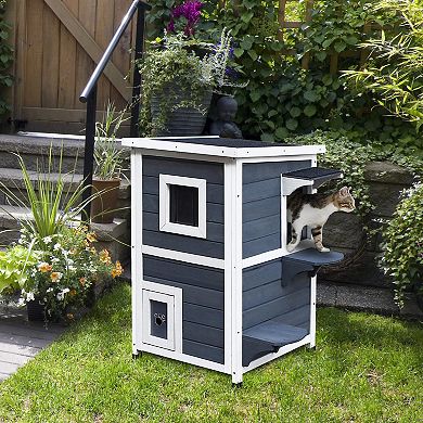 Outdoor Solid Wood 2-floor Cat Condo Pet House Kitten Shelter With Window - Gray