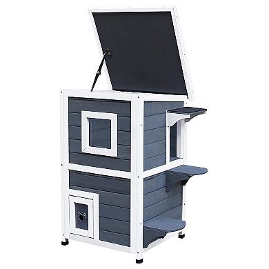 Outdoor Solid Wood 2-floor Cat Condo Pet House Kitten Shelter With Window - Gray