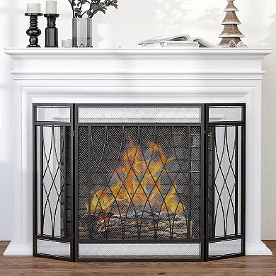 3-panel Folding Fireplace Screen, Home Metal Mesh Fire Spark Guard, Black