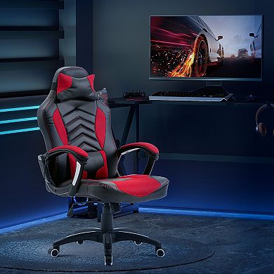HOMCOM Massage Computer Gaming Chair Racing Style Ergonomic Heated Desk Chair Swivel Rolling Chair 6 Vibrating Point Headrest and Adjustable Height Red / Black