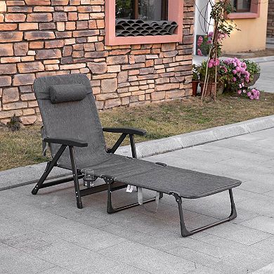 Sling Fabric Lounge Chair Folding Sun Lounger W/ Headrest And Cup Holder, Grey