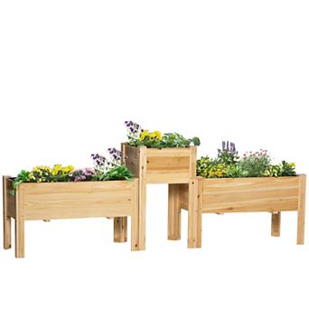 Outsunny Raised Garden Bed Set of 3, Elevated Wood Planter Box with Legs and Bed Liner for Backyard and Patio to Grow Vegetables, Herbs, and Flowers, Natural
