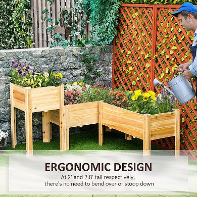 Raised Garden Bed, Set of 3 Wood Box and Trough Planters, Draining