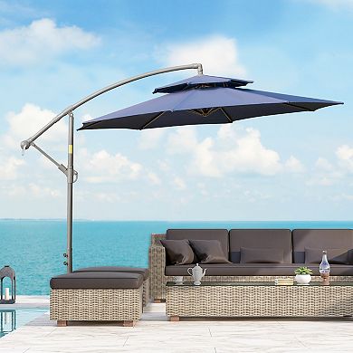 Outsunny 9FT Patio Cantilever Umbrella with Cross Base, Offset Hanging Umbrella with Crank Handle and 8 Ribs for Garden Backyard Beach, Beige