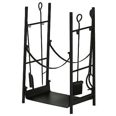 2-tier Fireplace Log Storage Rack 18" Firewood Holder W/ Poker, Tongs, Hooks