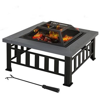 Outsunny 34" Outdoor Fire Pit Square Steel Wood Burning Firepit Bowl with Spark Screen Waterproof Cover Log Grate Poker for Backyard Camping BBQ Bonfire