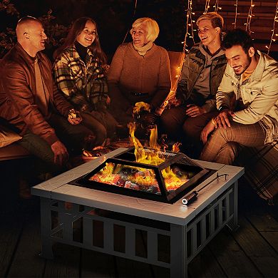 Outsunny 34" Outdoor Fire Pit Square Steel Wood Burning Firepit Bowl with Spark Screen Waterproof Cover Log Grate Poker for Backyard Camping BBQ Bonfire