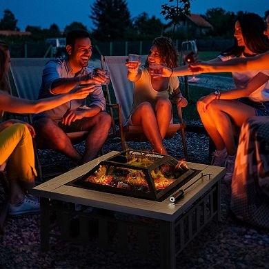 Outsunny 34" Outdoor Fire Pit Square Steel Wood Burning Firepit Bowl with Spark Screen Waterproof Cover Log Grate Poker for Backyard Camping BBQ Bonfire