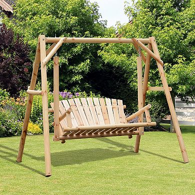 Outsunny 6' Outdoor Rustic Loveseat Solid Wood Natural Log Garden Swing Natural