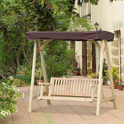 Outsunny 2 Person Outdoor Porch Swing with Wooden Stand Strong A Frame Design Adjustable Water Fighting Canopy